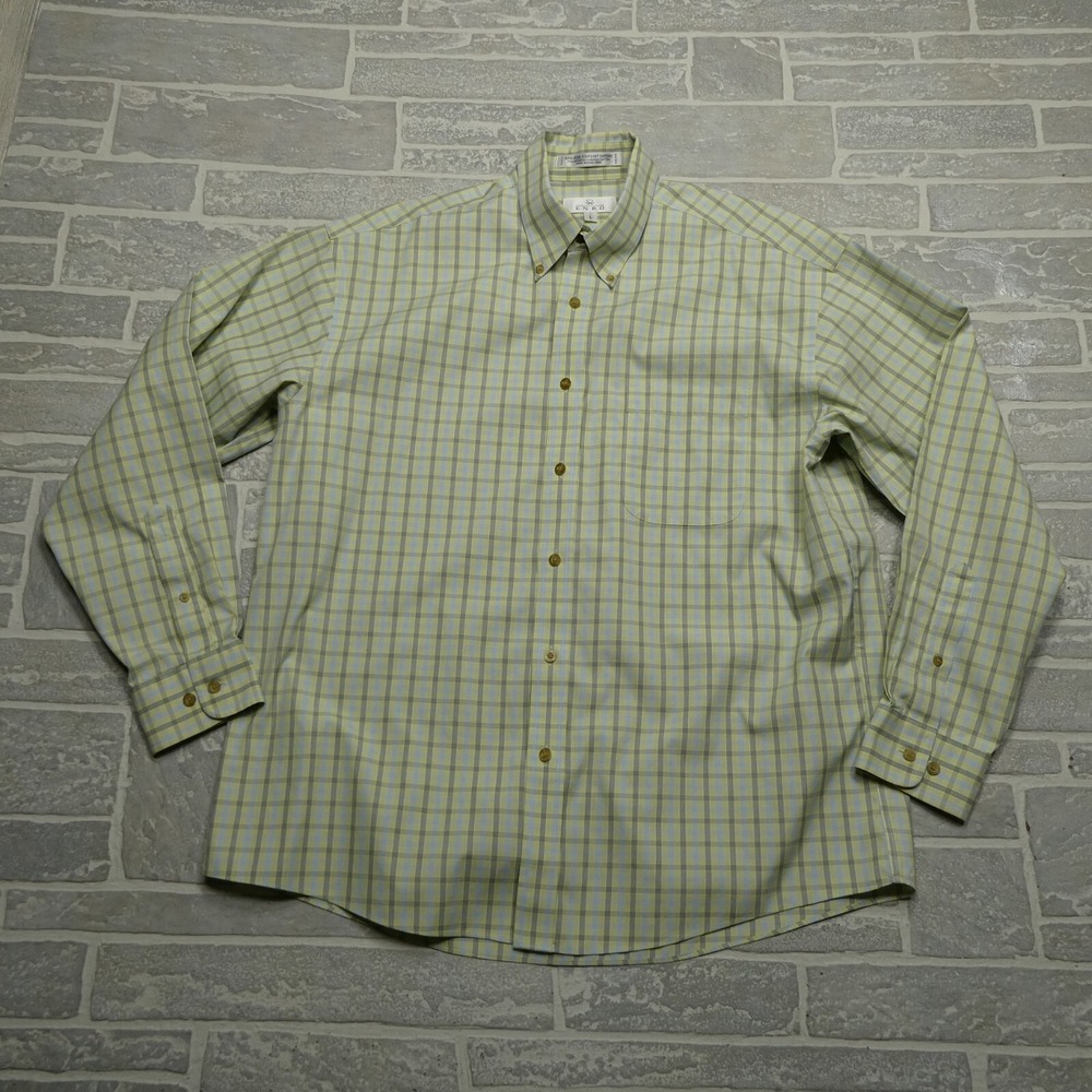 Enro Dress Shirt Mens Large Green Blue Check Non Iron‎ Pinpoint Oxford VINTAGE